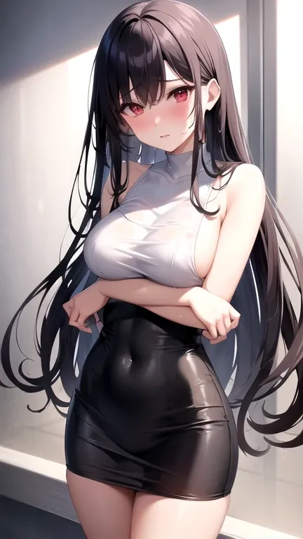 Yuki Soo , tight Wet dress, how, face, Wet,  long black hair , underwear,  blush,  Bangz ,  red eyes,  Separate lips , has a high resolution, breasts, glaze, Nose  blush, 