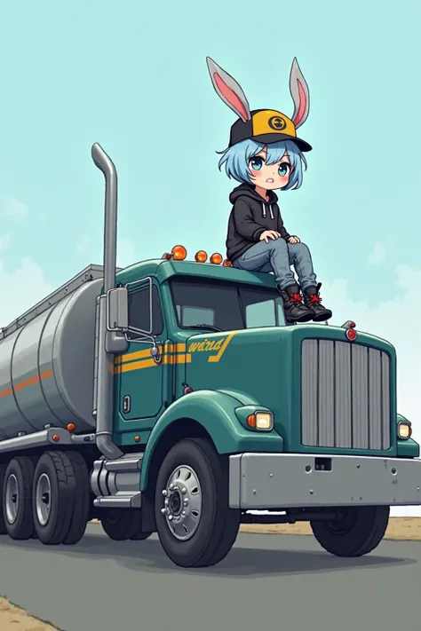 Anime, Cute, short, light blue hair, light blue bunny ears, boy, male, black boots, faded blue jeans with a belt, black crop top hoodie, black and yellow trucker cap, sitting on the hood of a 1998 metallic teal with a faded white stripe on the side kenwort...