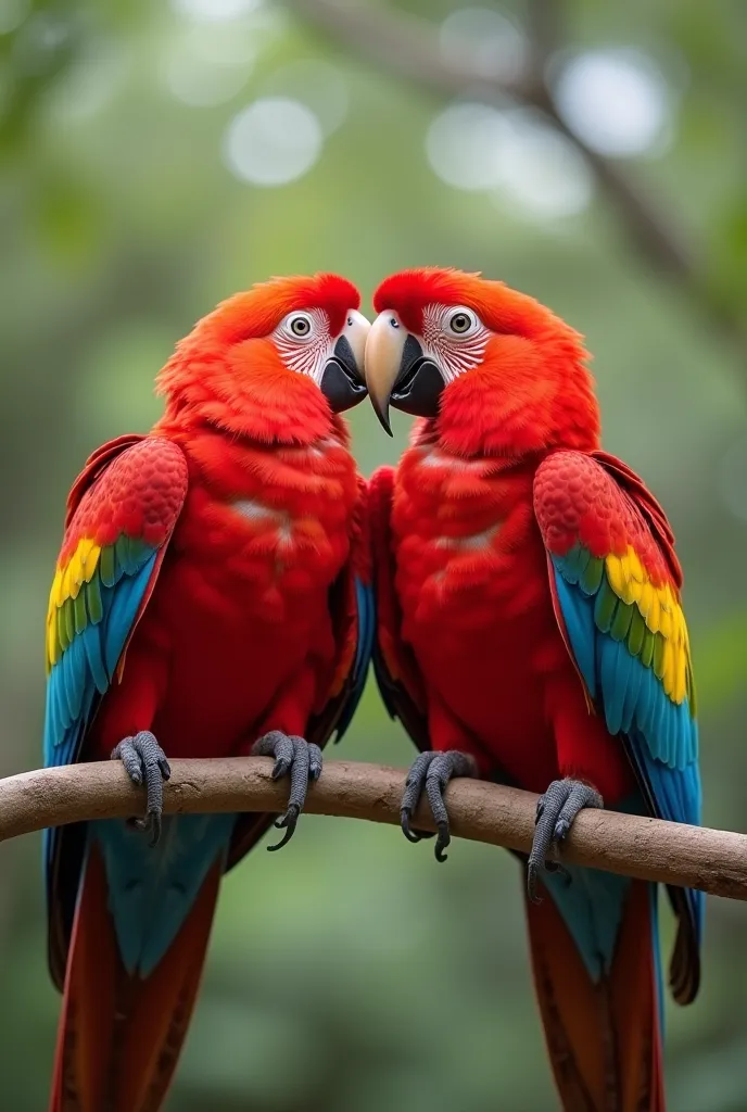 deux aras rouges perchés sur une branche. Ils sont colorés avec une dominante rouge, des touches de bleu, de vert et de jaune sur leurs ailes. Les aras semblent interagir de manière affectueuse, peut-être en se toilettant mutuellement ou en se touchant les...