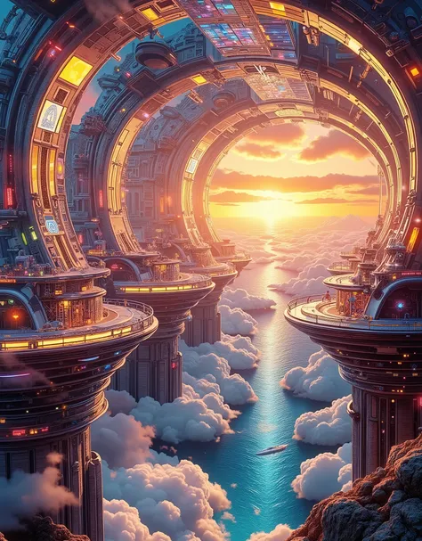 Surreal digital painting with a futuristic floating city at sunset, isometric image of a futuristic nave with semicircular arches, the horizon is visible through the arches, the sky and ocean converge on the horizon, light limestone combines with metal, ar...