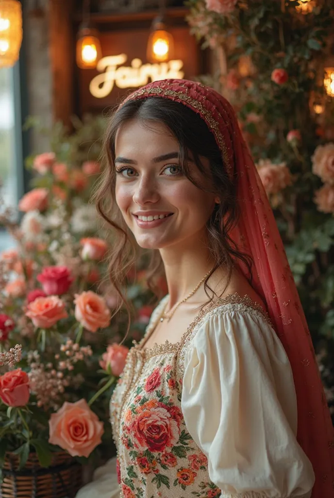 A beautiful and elegant flower shop with lighting consistent with the decor and a sign with Fairuz in front of the shop is a beautiful girl with green eyes. She is 20 years old and wears a French khimar and a dress decorated with roses 