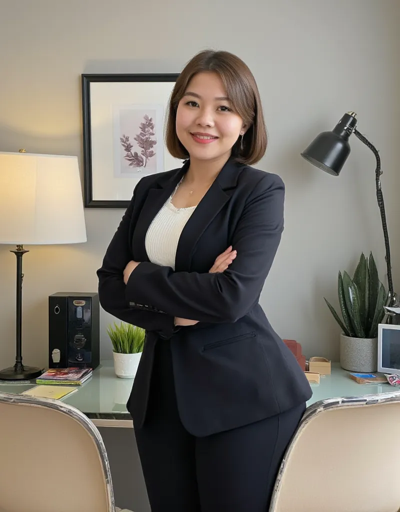 Short hair, brun hair,  big chest , slight overweight

 Elegant woman in a suit, décor moderne de bureau, arms crossed, neutral fond, faded knit,  attractive Japanese , professional ambience, targeted light.