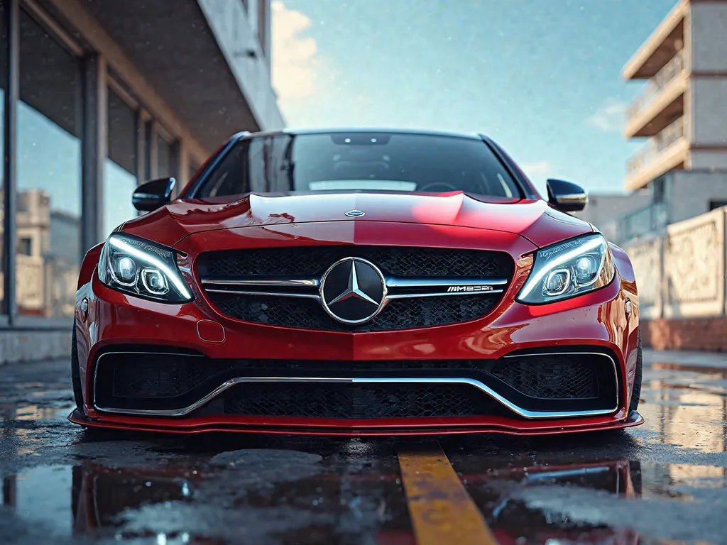 Mercedes C63 AMG Coupe Edition determined expression. artistic caricature, detailed realism, low angle view, digital art in Ultra HD, dynamic perspective, gravity effects, detailed reflections, ultra-realistic textures