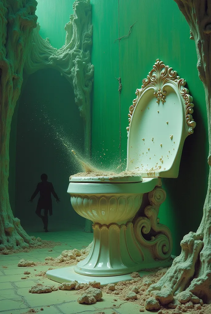 Grotesque porcelain throne, curvaceous bowl contorting violently, metallic voice echoing vitriol, sickly green walls pulsing erratically, lone figure frozen in futile defense, bizarre, surreal landscape, throne careening across canvas, leaving trail of rev...