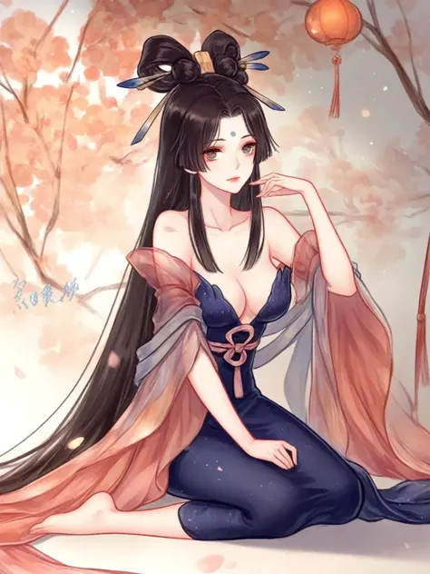  hand-drawn art style ： Onmyoji， Attractive anime girl，Wear a gorgeous dress，big eyes，Delicate release，Beautifully swore。sitting on the ground