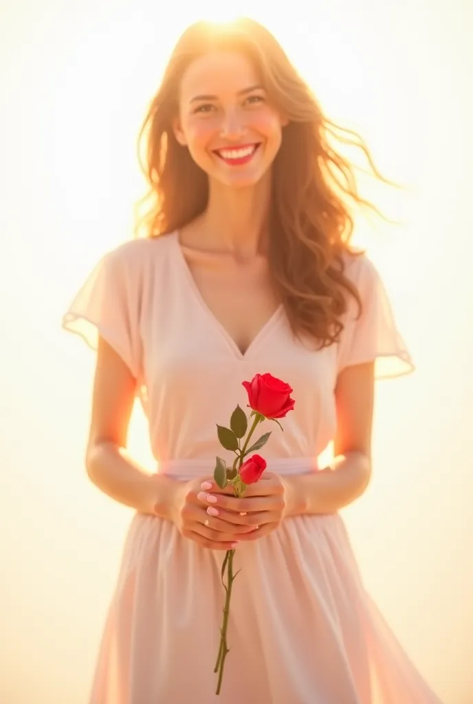 Imagine a radiant and smiling woman,  Her posture is calm and serene , holding a red rose delicately in her hands. She is wearing a simple outfit,  but elegant , that transmits lightness and confidence. Her smile reflects a sense of accomplishment and cele...