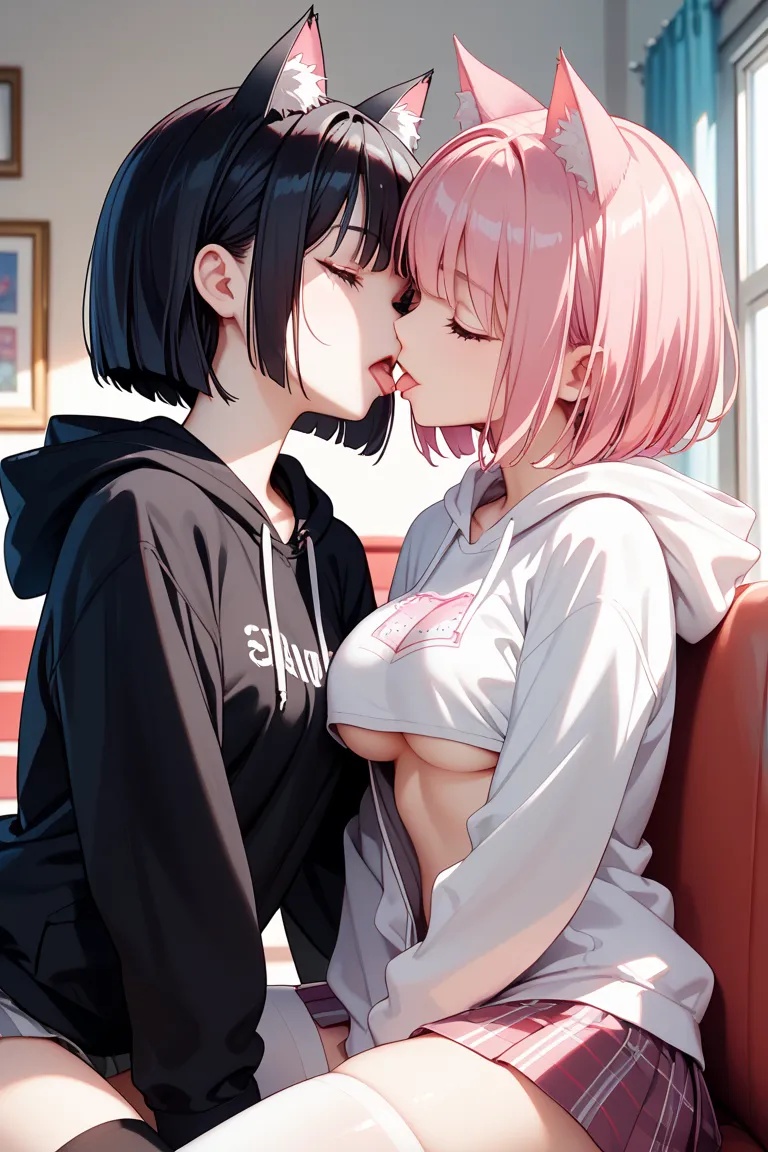 (2 girls), underboob, kissing , close eyes, tongue,(1 girl is high quality, CG,8k,16k , bob cut, black hair, elementary school student, pale skin, (small breasts), black cat ears, (black hooded sweatshirt), (black thighhighs)),( another girl is high qualit...