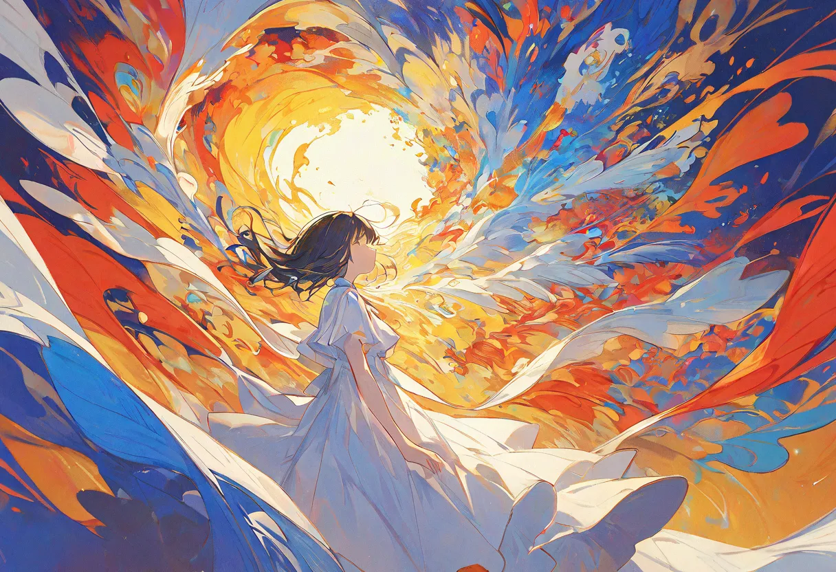 A whimsical anime illustration of a girl in a white dress, immersed in a vibrant, colorful environment. The background is filled with swirling, abstract patterns of red, yellow, and blue, giving a sense of movement and energy. The girl appears lost in thou...