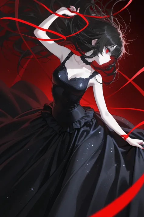 An anime goth witch dancing elegantly, 1girl, black hair, messy hair, long hair, pale skin, red eyes, droopy eyes, long lashes, black dress, sparkling dress, long dress, red accessories, red gemstones on dress, lace, dark red ribbons, dark red background, ...