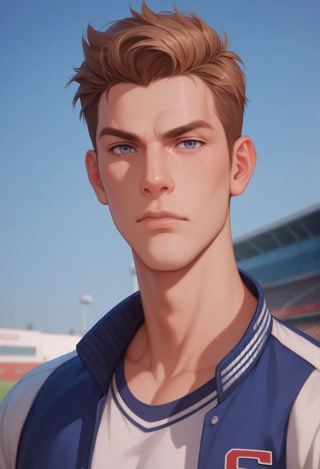 A handsome athletic build man in his 20s, hair across his face, he is in a varsity letterman jacket. He is looking at the viewer. serious expression, The background is an urban football field. confident pose.