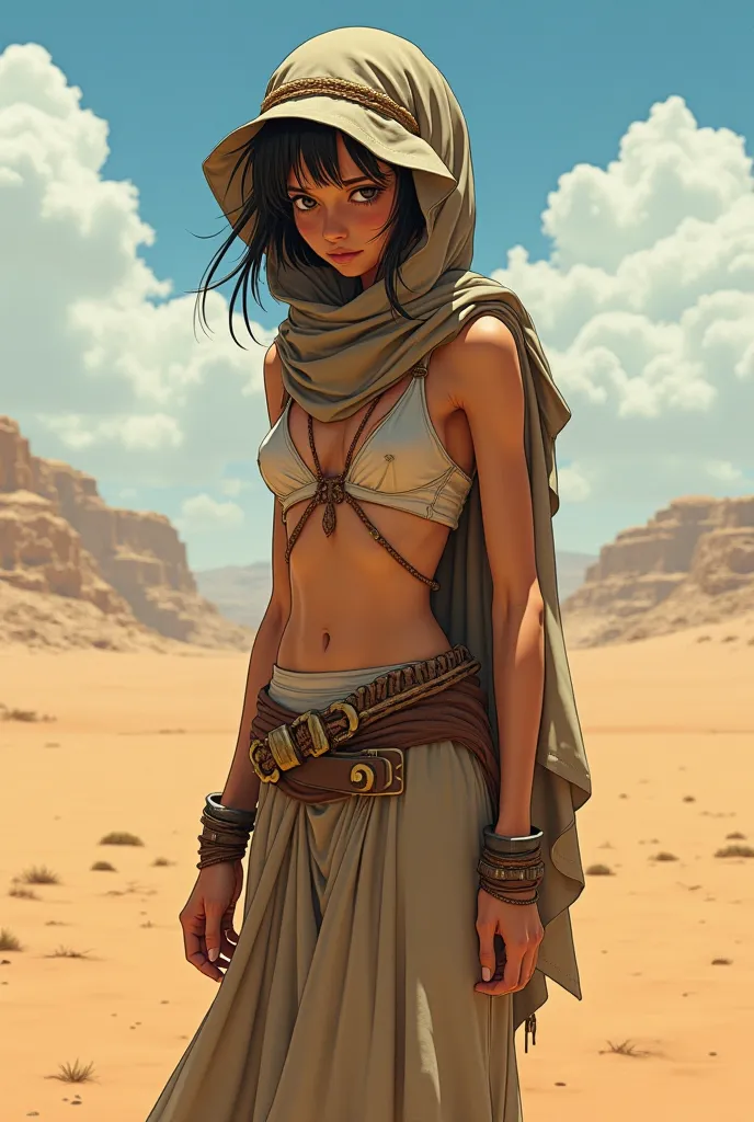 Arab,poor,homeless, sad, in a desert , tanned skin, wearing cheap clothes, old years ,female , 18 years old, anime style, is vintage, old era, dirty, skinny, desperate, mature body but skinny ,vintage arab clothes , 