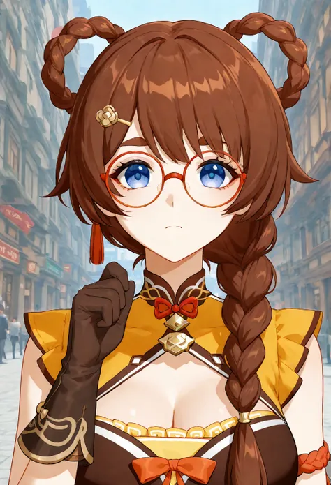 Anime cute young Woman with brown hair in a short braided ponytail over shoulder, with blue eyes, with glasses, in genshin impact xiangling’s clothes, with brown full gloves, with very large chest, top body portrait, in a city background