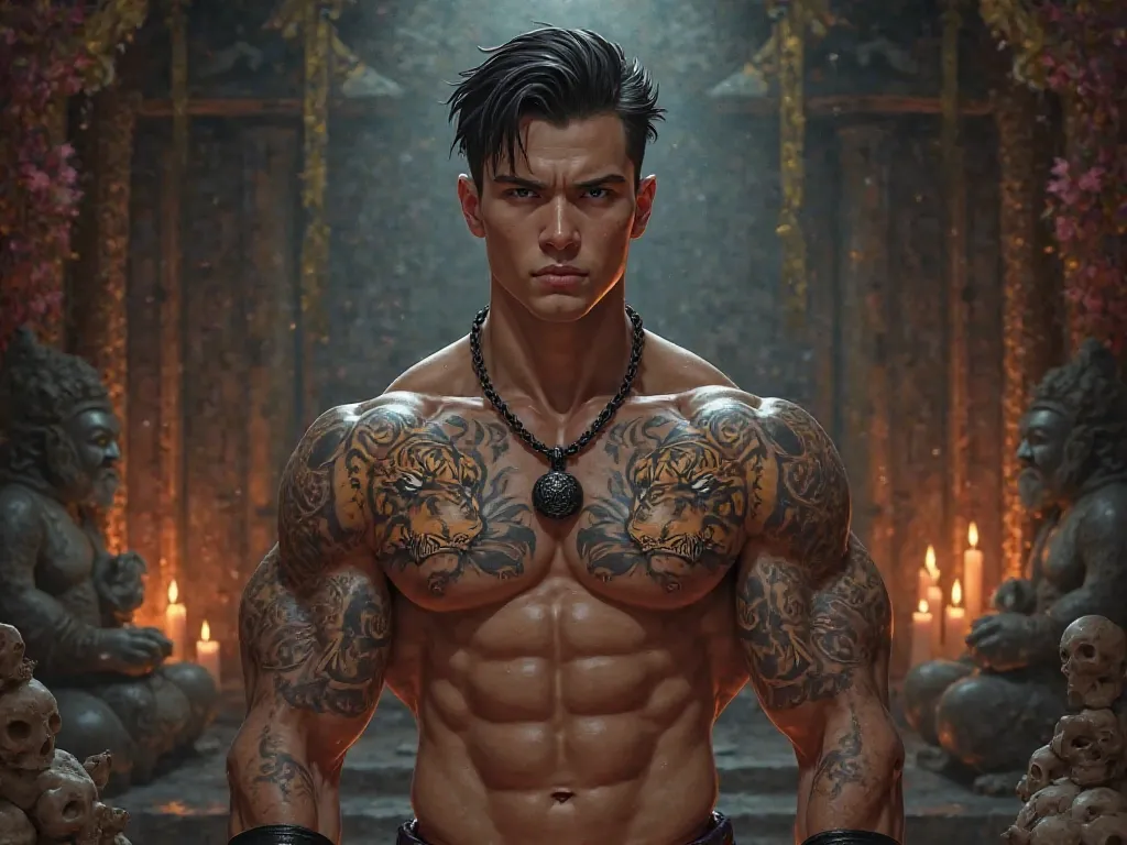 A muscular, handsome young man with sharp facial features, dark slicked-back hair, and slightly intense eyes. He is shirtless, revealing his toned abs and chest adorned with intricate Thai-style tattoos, including two tigers and sacred script. He wears a b...