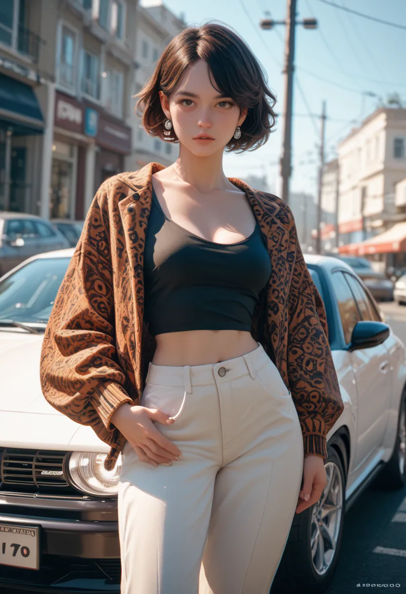 A fashion model standing and posing infront a stanced and lowered toyota hiace