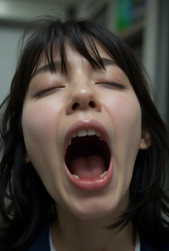  1 girl, debris flies,,Award-winning photograph,  very detailed,  edge orgasm , face focus, ( a woman with her mouth open and her eyes closed ), 30 years old、 black hair、shiny skin、 face close-up , from below、realistic nostrils、Long and narrow nasal cavity...