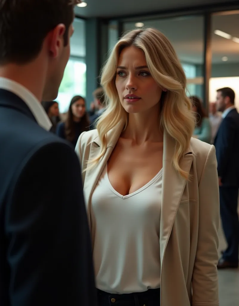 A Close-up of Realistic Scene 25-year-old Blonde woman with long, wavy hair stands at the TV Lounge. She is wearing a Off White Thin Over Coat and Long v Neck white T-shirt with Very big chest and Dress Pant. She has a cautious yet determined with sad smil...