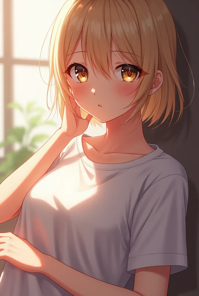 Beautiful blonde girl in a T-shirt in a loungewear who seduces me with her chest,anime character