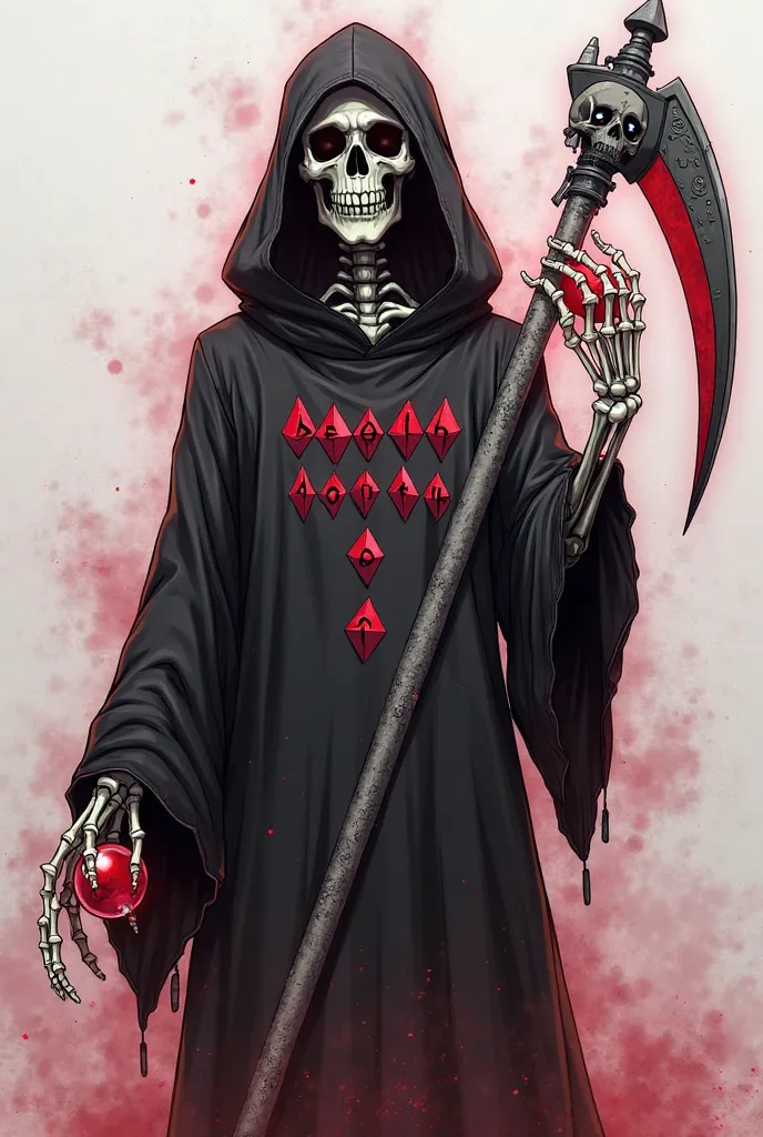 Anime style drawing of a humanoid skeleton with black robes covering it's body except it's hands and face. The robes have 15 diamonds on the front of it, with the word "DEATH" written in the middle of it in all caps. The skeleton holds a gray scythe with a...