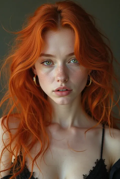 20-year-old woman with long frizzy hair, Very strong red color,  light green eyes ,  of fair skin, with a thick and slender body without a split chin 