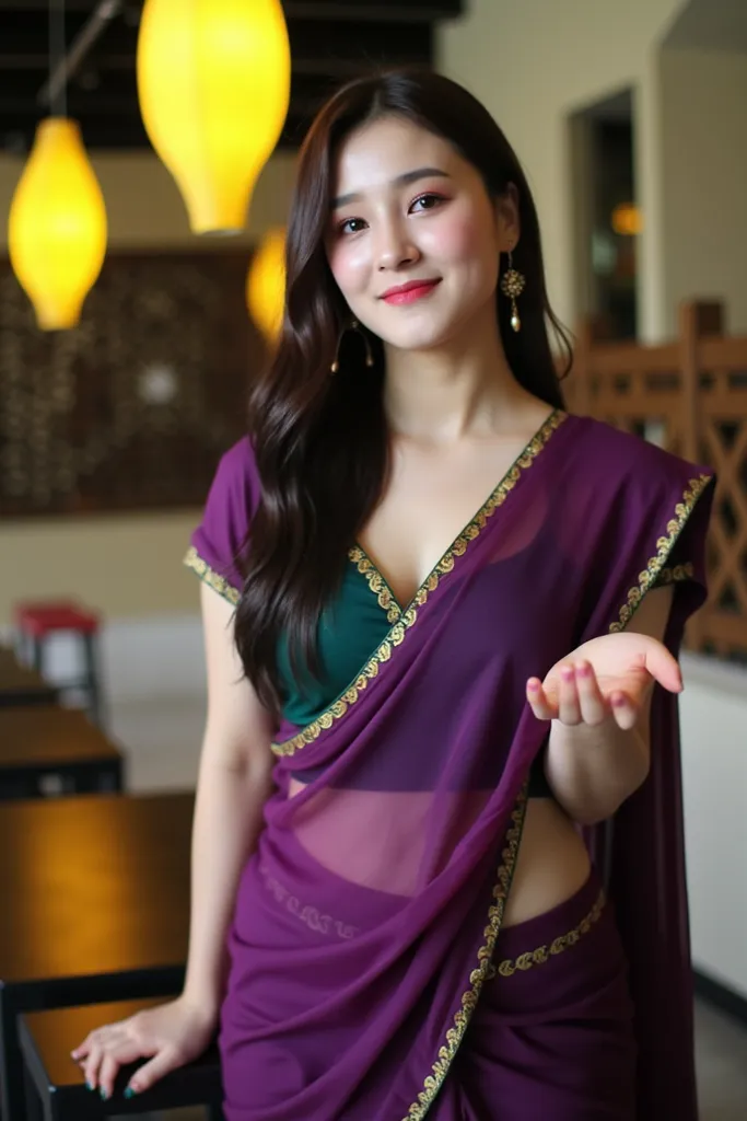 
She is draped in a stunning saree that is a blend of deep violet and soft magenta, with a slight transparency that elegantly reveals the contours of her figure. The saree is adorned with intricate golden embroidery along the border, adding a touch of luxu...