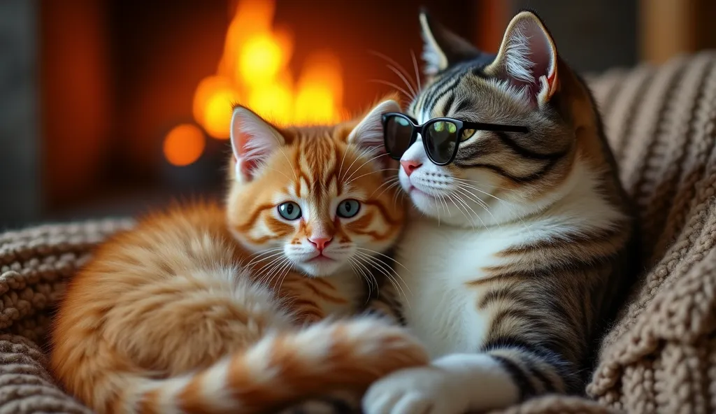 The model is wearing glass sunglaA cozy living room with a crackling fireplace. [Whiskers, a fluffy orange kitten with bright green eyes, a bushy tail, and soft striped fur] curls between [Mother Cat, a sleek white cat with blue eyes] and [Father Cat, a st...