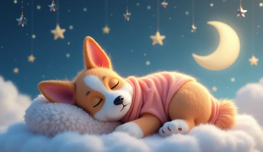 This cute 3D dog is lying down and sleeping comfortably. Parts of the dog's body are covered with warm blankets and are fluffy to the touch. The dog is resting on a soft pillow on a cloud in the sky. In the background is a dreamy starry sky with stars and ...