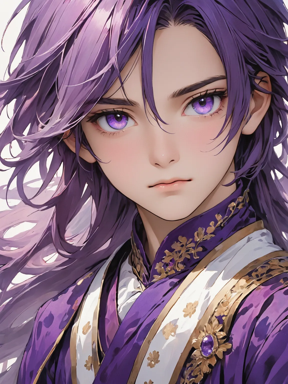 A boy with long purple hair and purple eyes wearing a purple royal costume