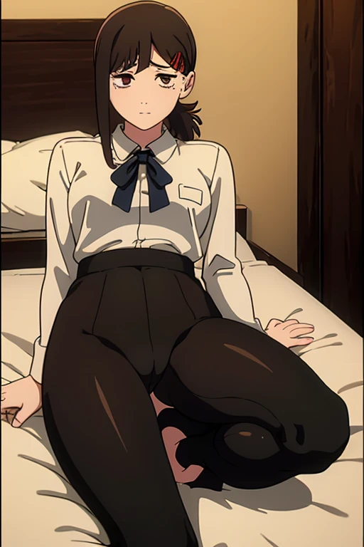 masterpiece, the best quality, highly detailed,  a girl, Alone,  Kobeni Higashiyama , black hair, hair ornament, fork, mole, lunar braid under the eye, ponytail, short hair, (brown eyes: 1.5),  uniform , black thong, medium breasts,  medium waist , wide hi...