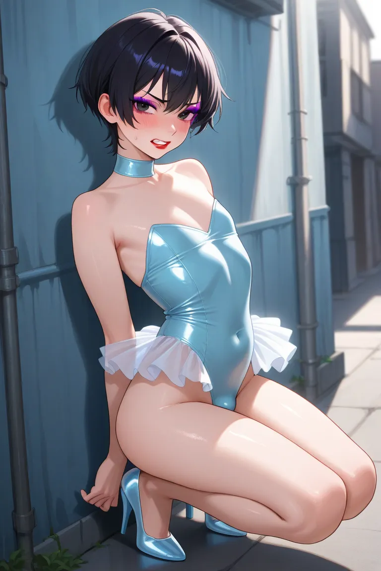 dark eyes、 black hair、short hair、tomgirl、makeup、purple eyeshadow、 red lips、lipstick、embarrassed face、clenches teeth tight、flat chest、Bustier、shiny light blue leotard、Tutu、cold、 thighs、 bare legs、shiny light blue high heels、back view、 full body、gender chang...