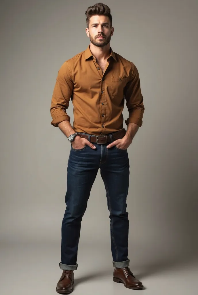 make a photo of a handsome man wearing coffee colour shirt and dark blue jeans full body displayed in a studio