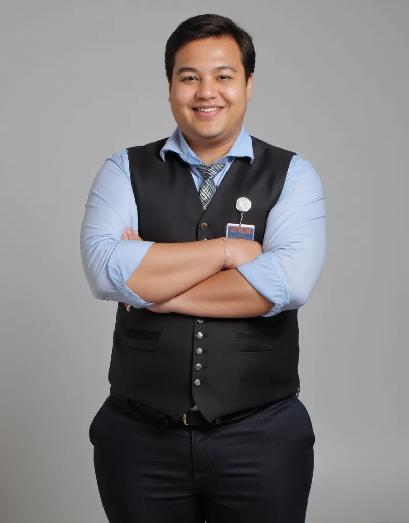 Short hair, brun hair,  big chest , slight overweight

 Sleek studio, neutral fond, costume chic, arms crossed, professional smile, badge d’agence,  assured posture , controlled light, ambiance corporate