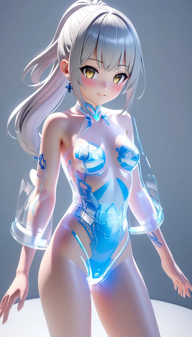 Light yellow mutsuki、Asagi Mutsuki、Game『Blue Archive』 characters、side tail。 Silver Hair。naked body。virtual idol  。 \  character "  atlus"\, alone, ((   Transparency ３d,   transmission processing using holographic projection , 。 clear texture  )),  。 BREAK ...