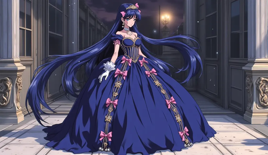 Full body shot of a beautiful extremely voluptous and shy anime 18 years old girl with incredibly long smooth and shiny dark navy blue hair that reach her knees, with huge breasts and with very wide hips, with dark blue eyes, wearing a dark blue formal, an...