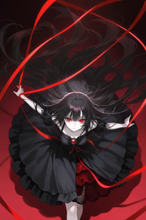 An anime goth witch dancing elegantly, 1girl, black hair, messy hair, long hair, pale skin, red eyes, droopy eyes, long lashes, black dress, sparkling dress, long gothic dress, red accessories, red gemstones on dress, red lace, dark red ribbons, dark red b...