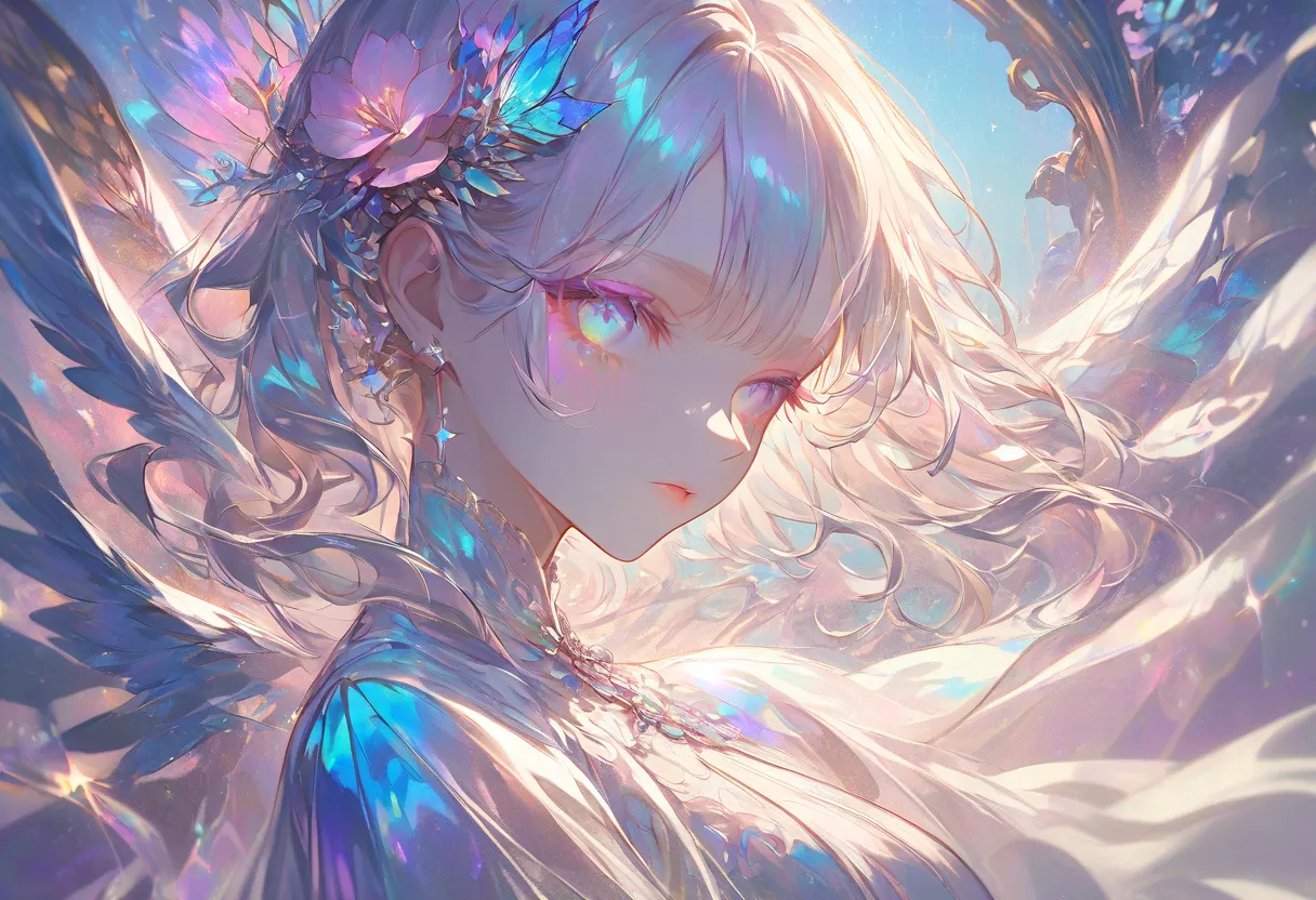 An elegant portrait of a young woman in an ethereal setting, adorned in a shimmering, iridescent gown that sparkles in the sunlight. Her hair is styled in soft waves with intricate floral embellishments, and her makeup features soft pastels that highlight ...