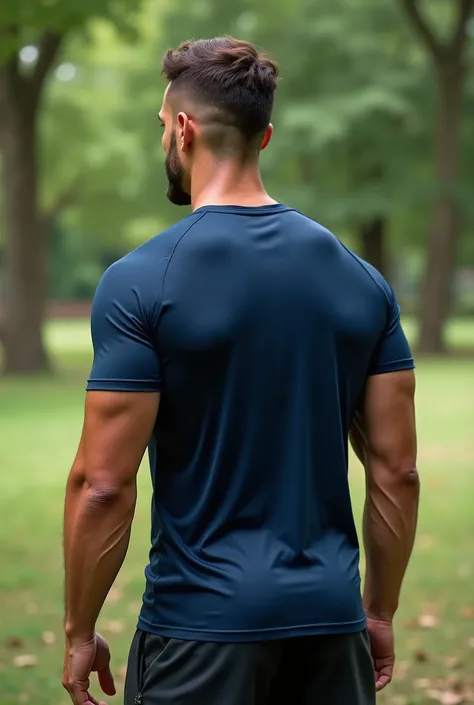 a man wearing a navy blue dri fit t shirt facing backwards