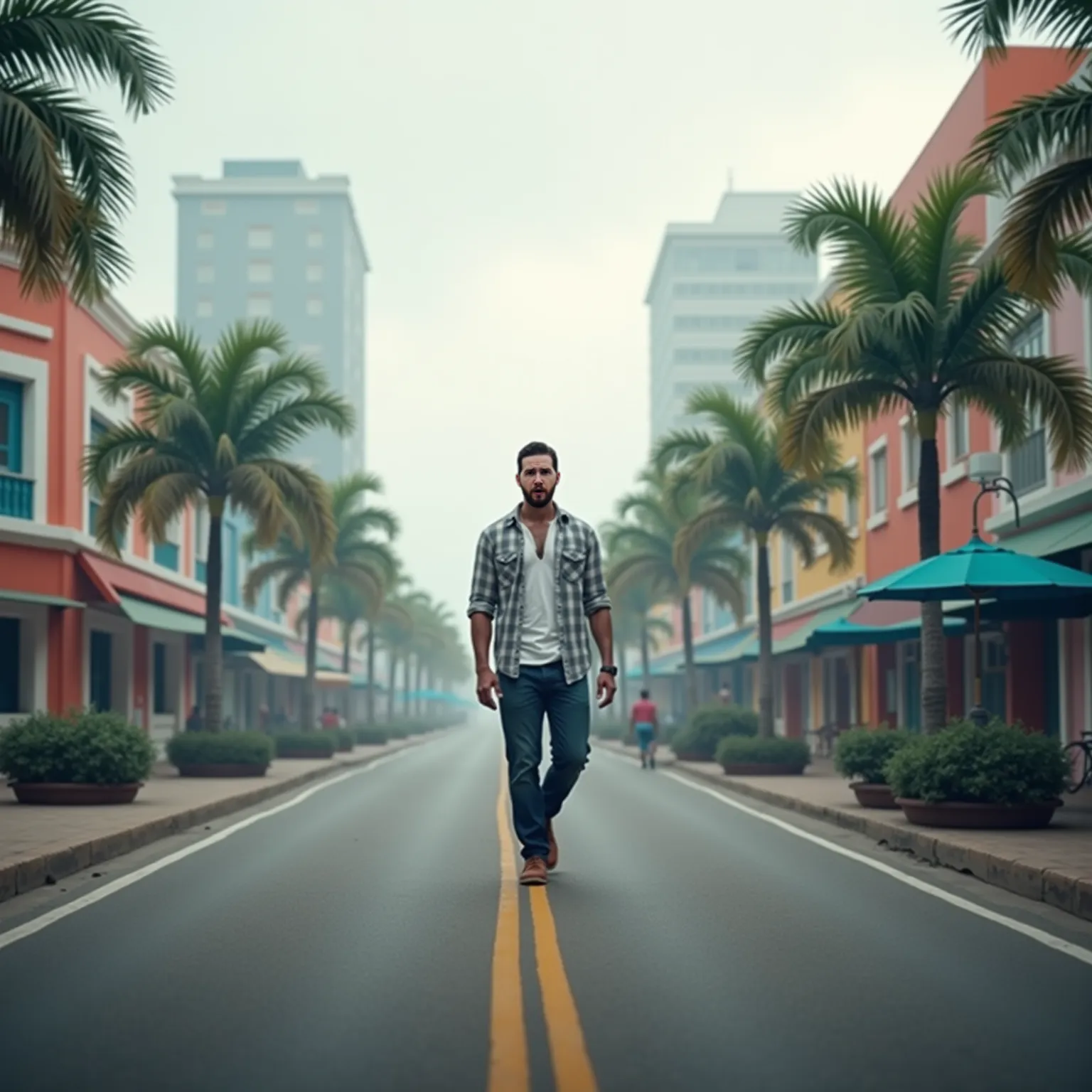 man in the cancun , cloudy day, mantain this clothes walking and looking at the camera, smog