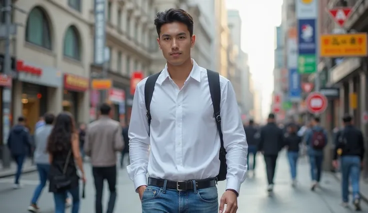  Image of a young dark-skinned Korean man with black hair,  wearing blue jeans and a white shirt , walking outside in crowded city streets 