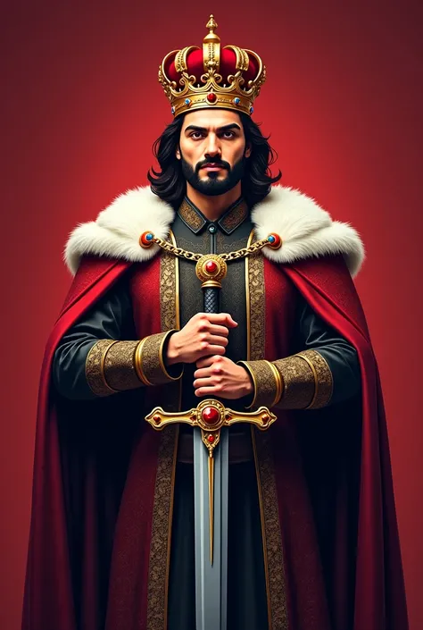 A stylized illustration of a king’s full body, depicted in a studio shot against a neutral red background. Likely of European or Middle Eastern descent, he is in his 40s, with a strong, regal presence. His face is framed by a neatly trimmed dark beard with...