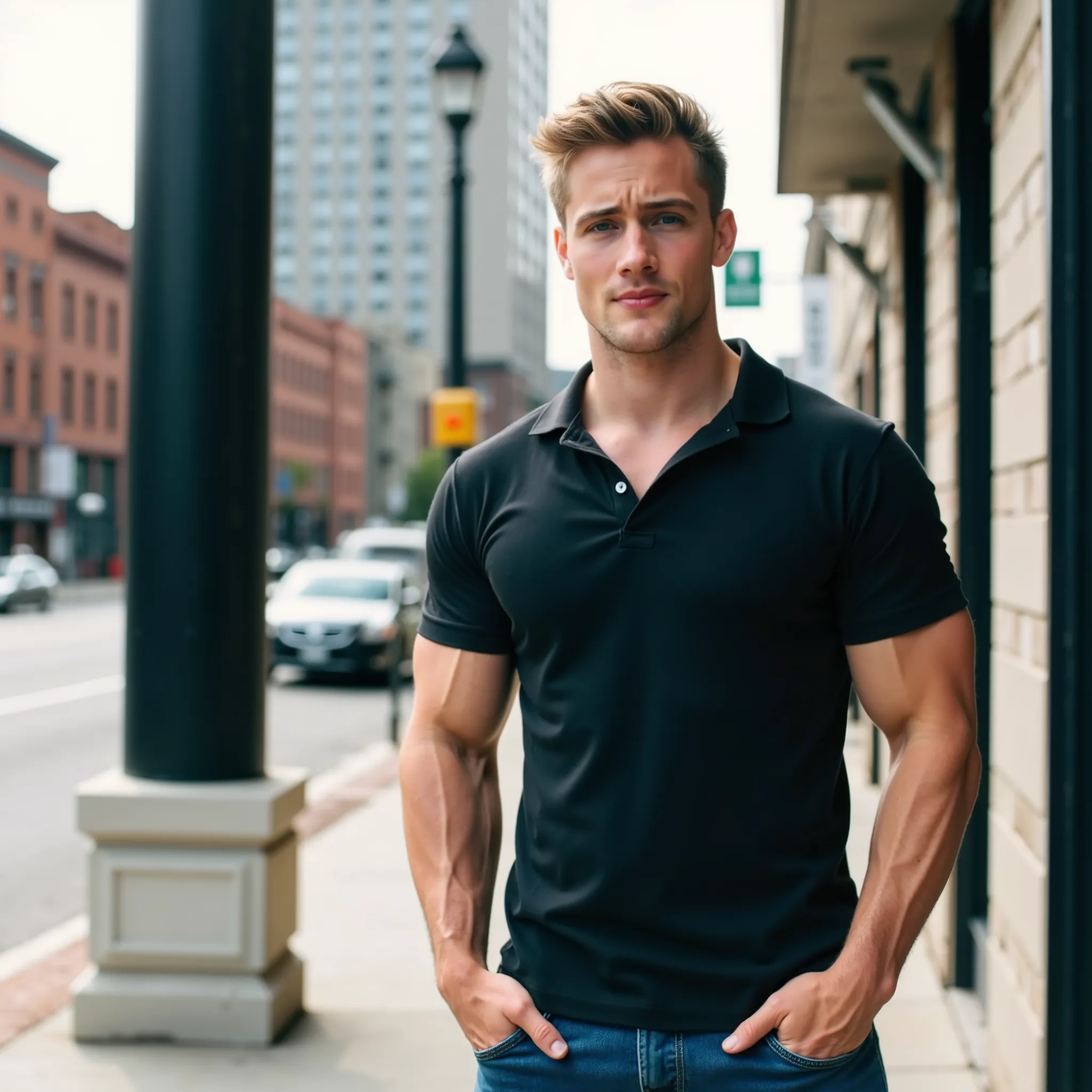 Matt King. This high-resolution photograph features Matt King standing on a busy city side-walk. He has a muscular build. He has short, blonde hair and a fair complexion. He is wearing a fitted black polo shirt. The soft fabric is very tight against his ch...