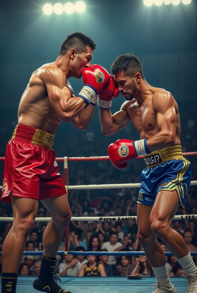 The Filipino age Boxer in the Red Trunks Knocked Out the other Filipino age Boxer in the Blue Trunks on the canvass 