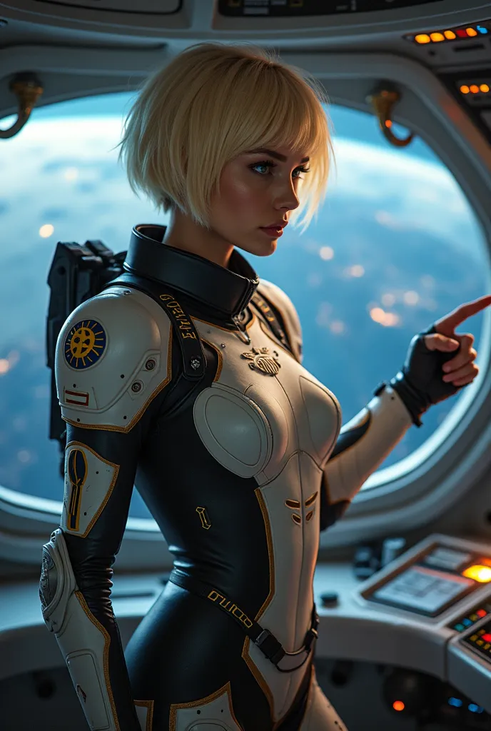 A strong-willed and courageous leader with short blonde hair, wearing a custom spacesuit that includes a captain’s insignia. They stand confidently at the helm of the spaceship, with one hand on a console and the other pointing towards the vast cosmos outs...