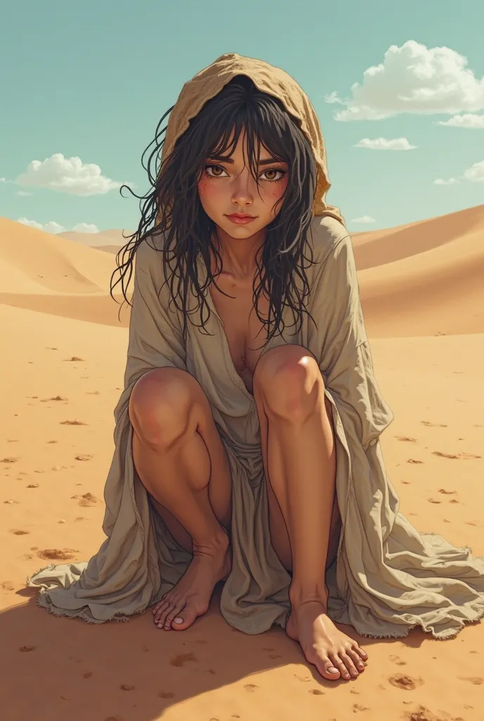 Arab,poor,homeless, sad, in a desert , tanned skin, wearing cheap clothes, old years ,female , 18 years old, anime style, is vintage, old era, dirty, skinny, desperate, mature body but skinny ,vintage arab clothes , sitting on the sand , exhausted ,hair is...