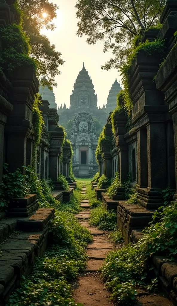 A mystical view of Angkor Wat at sunrise, with jungle vines creeping over ancient stone temples. The iconic stone faces of Bayon Temple are partially covered in moss, and a sense of eerie silence fills the abandoned city, once the heart of the Khmer Empire...