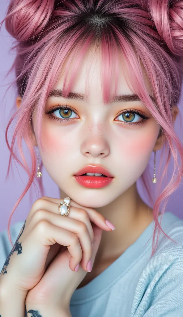 8k, masterpiece, highest quality, Korea's Beautiful Women, Close-up,  vibrant eyeshadow, pink, orange, purple, iridescent green contact lenses, bold red lips,  large buns,  pink hair,  loose strands,  whimsical, anime-inspired,  delicate earrings, pearl, l...