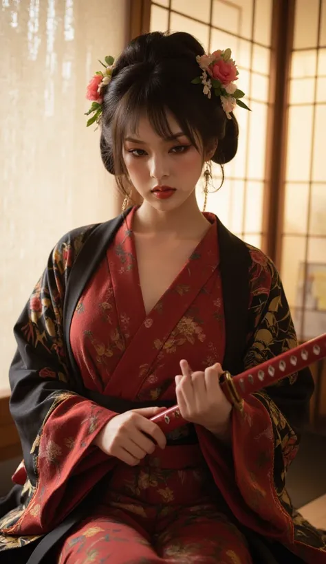 A graceful figure, adorned in an exquisite kimono featuring intricate floral patterns in rich reds and blacks, sits poised against a backdrop of delicate wooden shoji screens that softly diffuse warm, amber light. Her elaborate hairstyle is embellished wit...