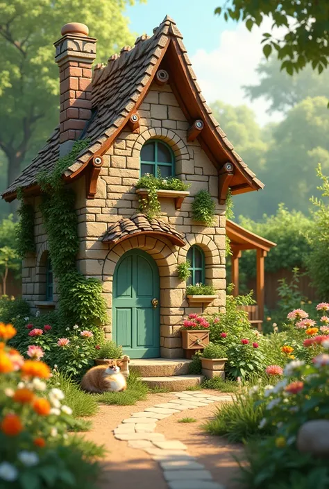 Beautiful realistic stone house with windows, light green door and roof with garden with plants and flowers and a sleeping cat