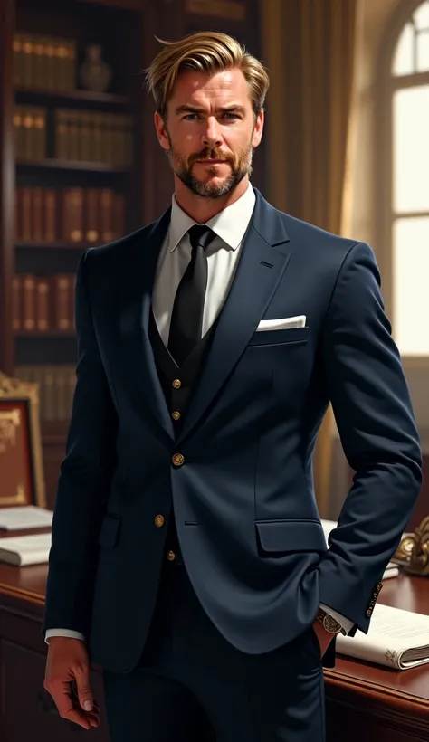 Hyper-realistic digital painting of Dave, the chief advisor to King Arthur and head of the royal cabinet in Concordia. He is a tall, broad-shouldered man in his late thirties, with a striking resemblance to Chris Hemsworth—medium-length blond hair, slightl...