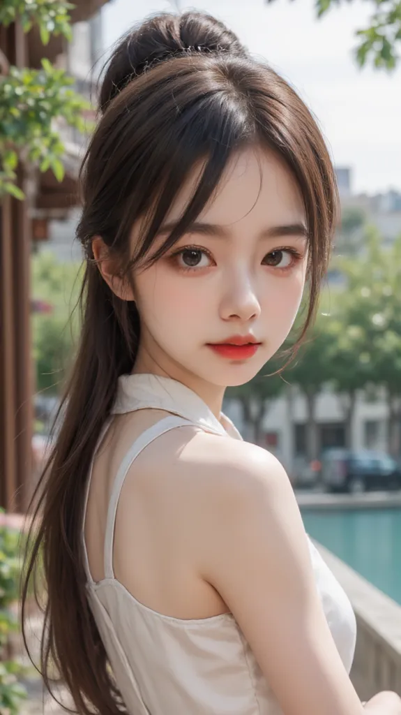 Realistic Anime Style。1 Girl， accurate depiction ， Brown hair ，Traditional Light Shan Garment Accessories，Rendered with Unreal Engine，Semen
Realistic，Background is Shanxi Chongqing Temple， Tang Dynasty poolside environment ，8k resolution。 Digital scene on ...