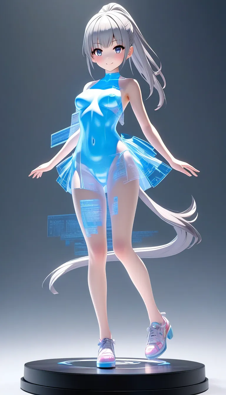 Light yellow mutsuki、Asagi Mutsuki、Game『Blue Archive』 characters、side tail。 Silver Hair。naked body。virtual idol  。 \  character "  atlus"\, alone, ((   Transparency ３d,   transmission processing using holographic projection , 。 clear texture  )),  。 BREAK ...